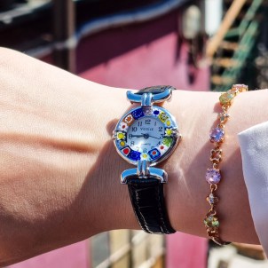 Wristwatch Millefiori - Black strap metal chrome case - Original Murano glass OMG