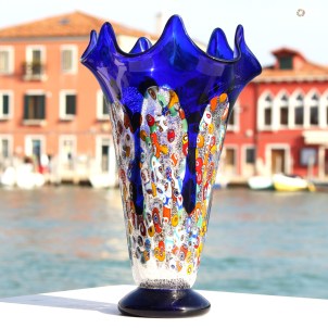 Geranium - Blue Murano Vase Glass Millefiori