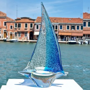 Engraved Sail Boat - lightblue - Original Murano Glass OMG